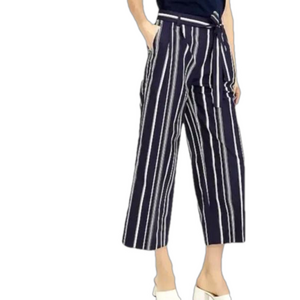 J Crew Women's Wide Leg Cropped Pants Cotton Poplin Navy Striped Tall Sz 00P